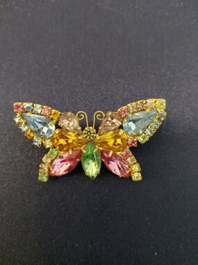 Gold-Tone Multicolor Crystal Butterfly Brooch - Pink, Blue, Yellow, Green
